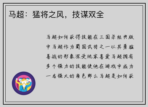 马超：猛将之风，技谋双全